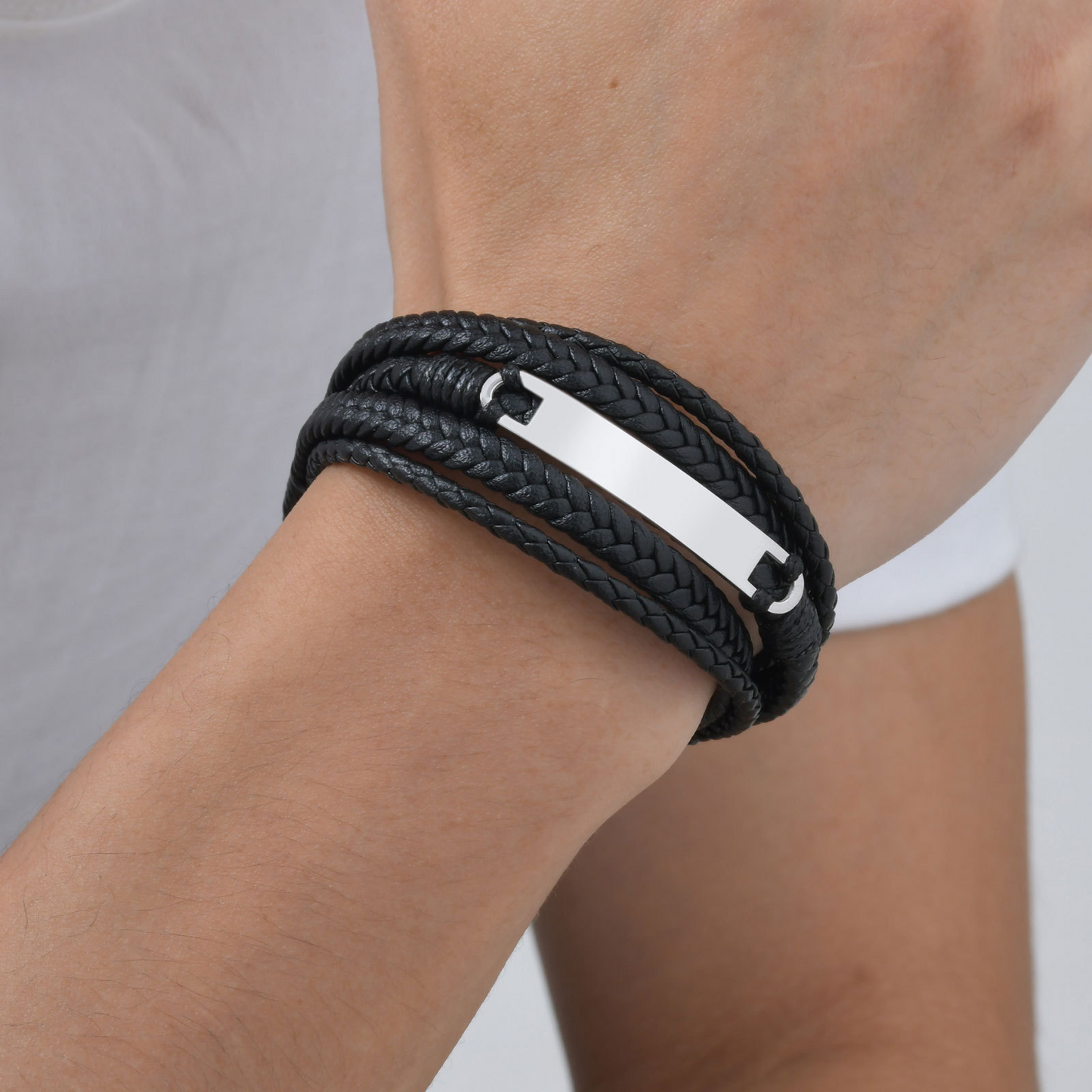 Kemstone Stainless Steel Curved Plate Multi-Layer PU Leather Bracelet for Men – Black Double Wrap Design BL-783