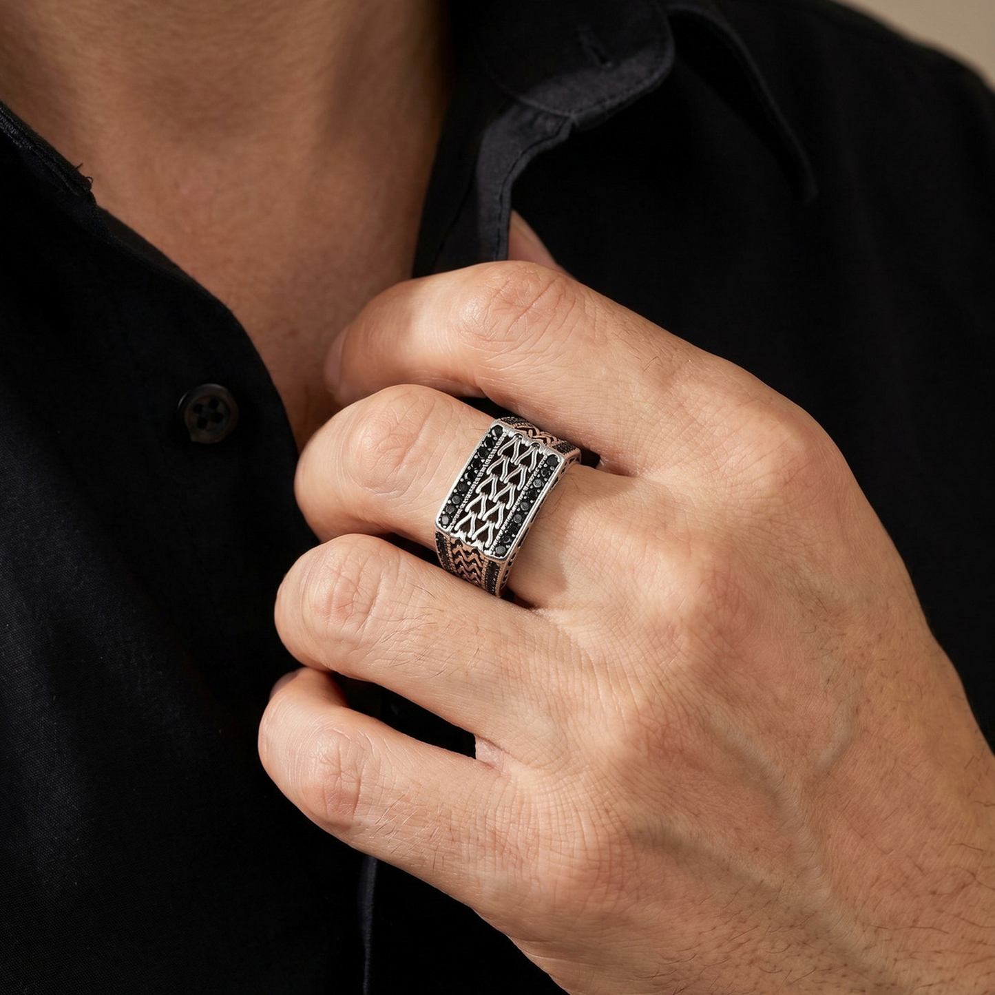 Kemston Stainless Steel Woven Chain Signet Ring for Men Black Cubic Zirconia Inlay Vintage RC-1134