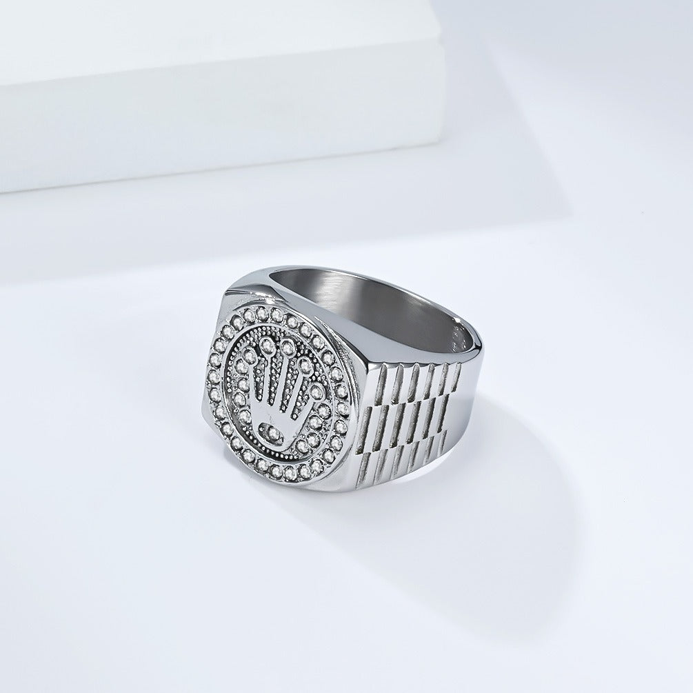 Kemston Crown Signet Ring for Men Stainless Steel Hip Hop Iced Out Band K-R1080