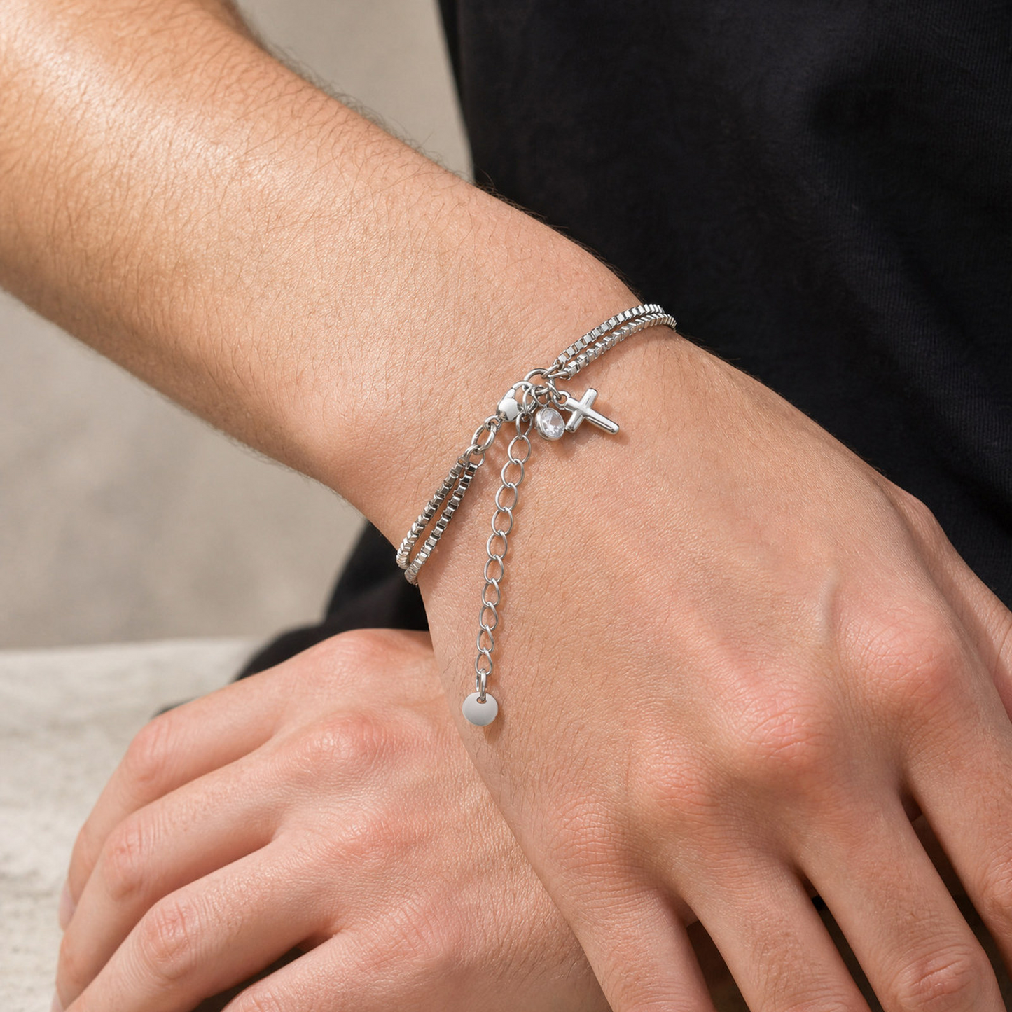 Kemstone Stainless Steel Double-Layer Box Chain Cross Bracelet for Men BR-2869