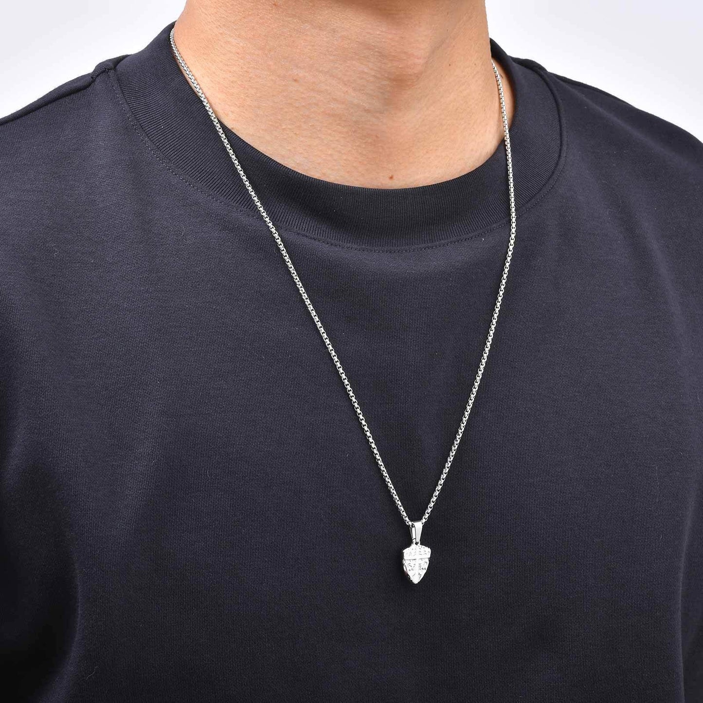 Kemston Stainless Steel Shield Cross Pendant Necklace for Men Carved Design PN-2425