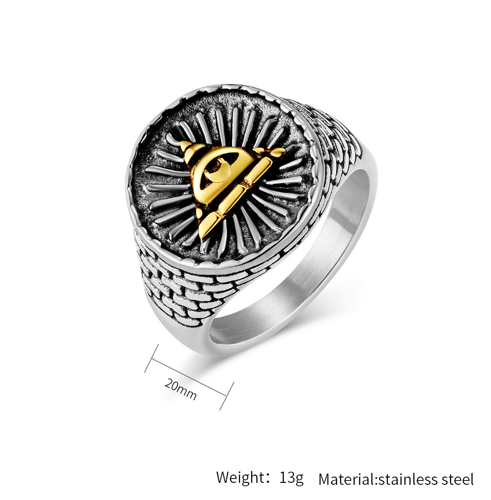 Kemstone Stainless Steel Triangle Eye Signet Ring for Men Vintage Textured K-R852