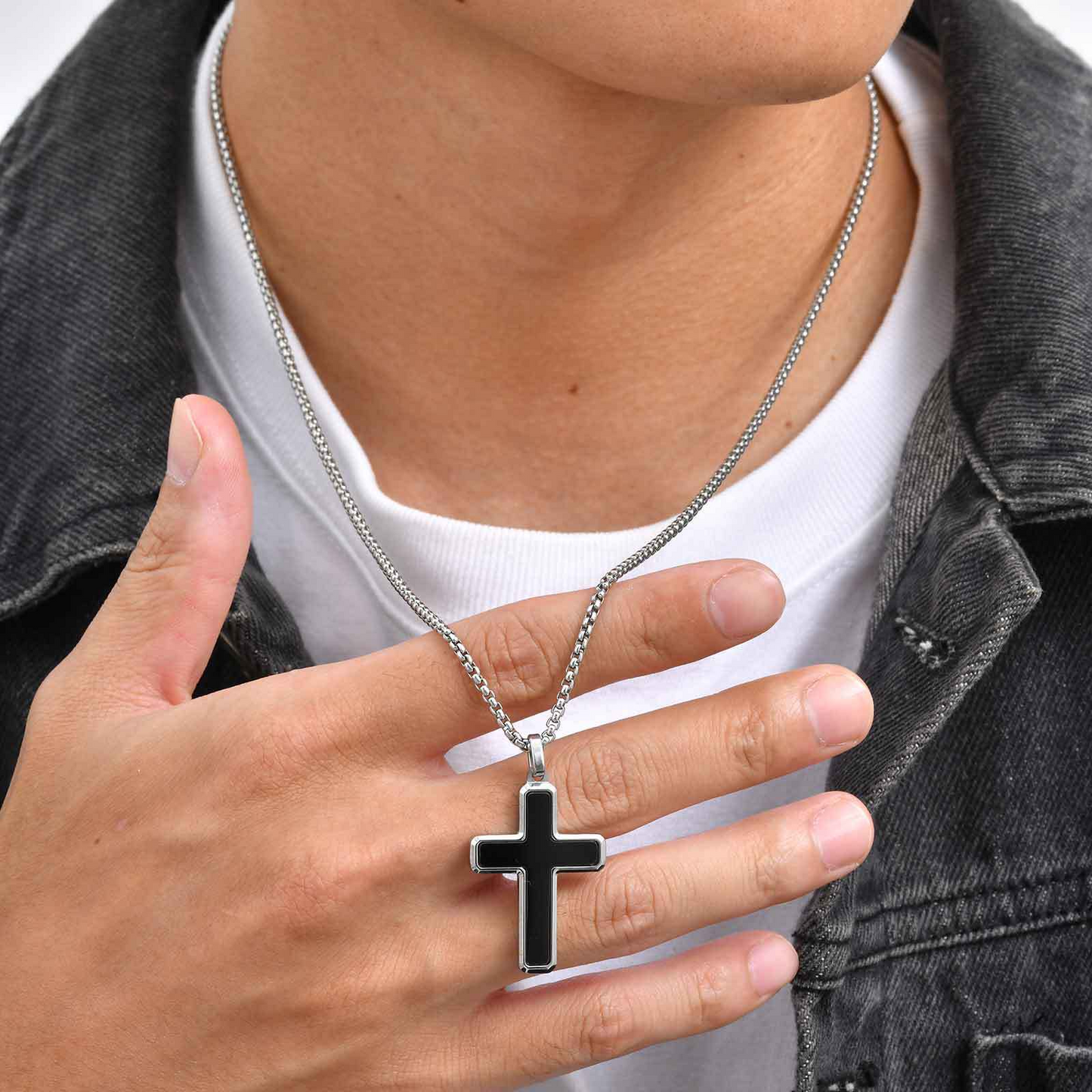 Kemstone Stainless Steel Cross Pendant Necklace – Tiger Eye & Turquoise Inlay for Men PN-2224