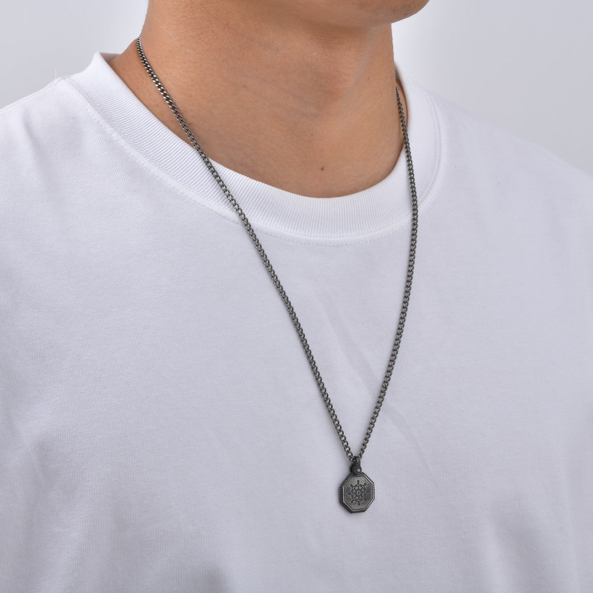 Kemston Octagon Ship Wheel Pendant Necklace for Men Stainless Steel Vintage Silver PN-2398