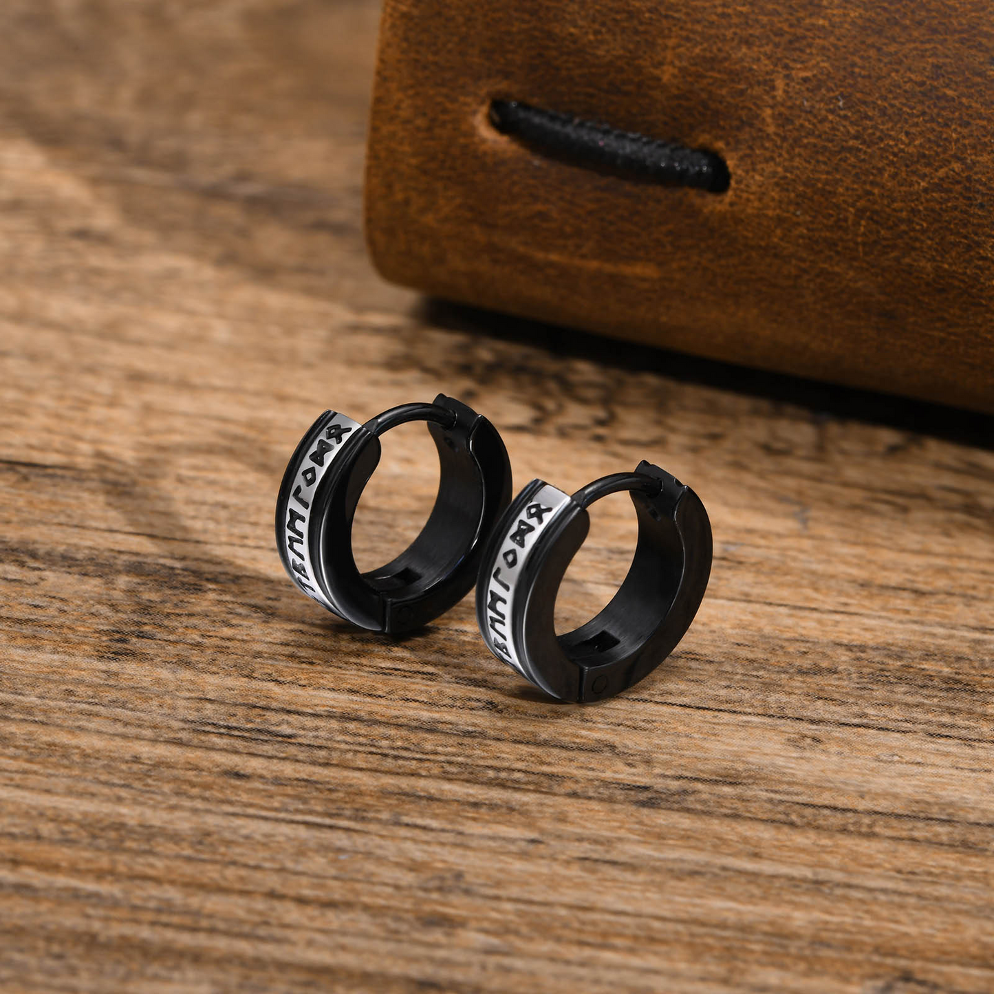 Kemstone Stainless Steel Viking Rune Hoop Earrings – Black IP Engraved Huggie for Men EH-536SB