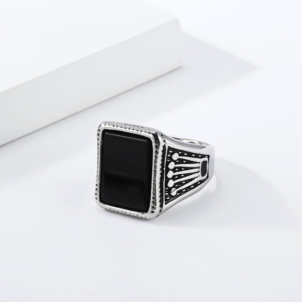 Kemstone Square Black Stone Signet Ring for Men Stainless Steel Vintage Crown Detail K-R1213