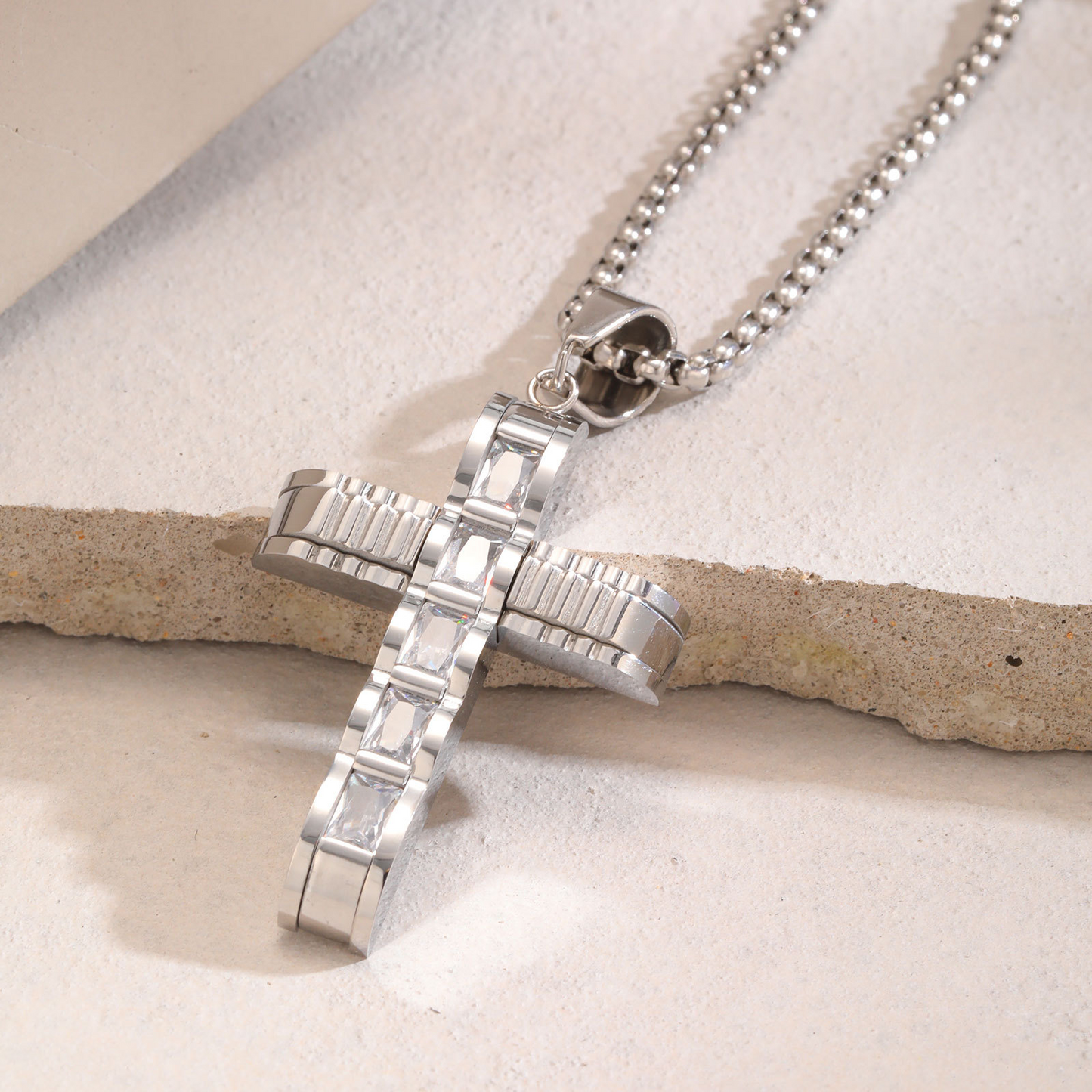 Kemstone Stainless Steel Cross Pendant Necklace for Men Square Cubic Zirconia Silver PN2058