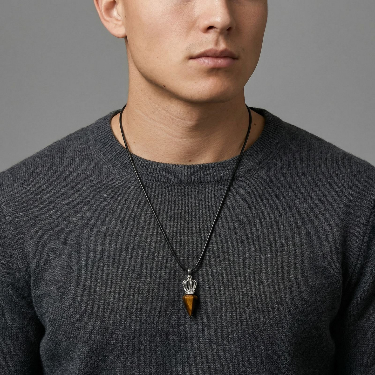 Kemstone Stainless Steel Bullet Tip Hexagonal Crown Tiger Eye Stone Pendant Necklace for Men PN-2286