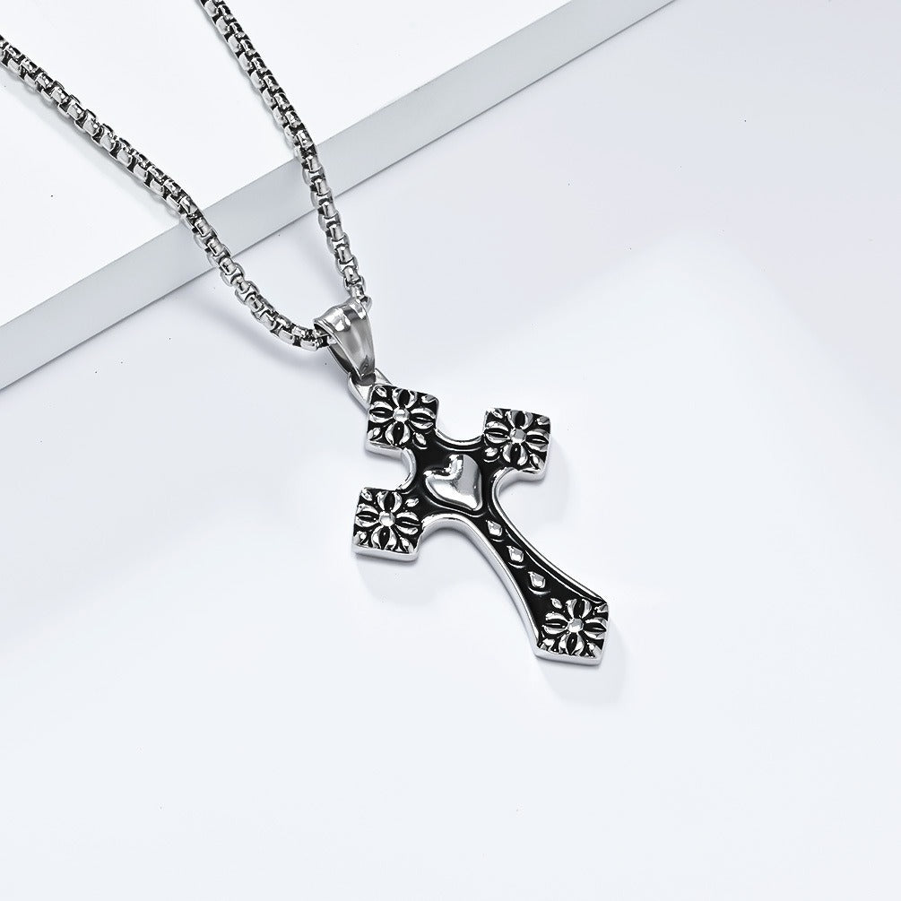 Kemstone Stainless Steel Heart Cross Pendant Necklace for Men Vintage Black Silver K-PT568