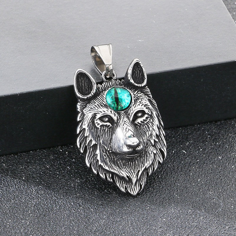 Kemstone Titanium Steel Wolf Head Pendant Necklace for Men – Eye Accent Detail KP117725-LU