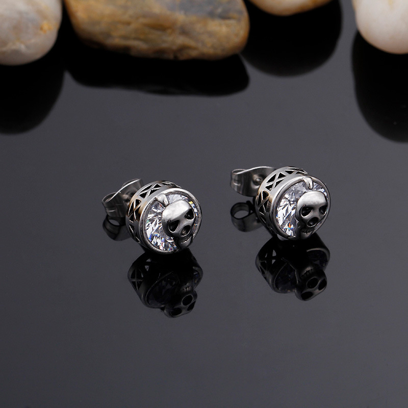 Kemstone Skull Cubic Zirconia Stud Earrings for Men – Titanium Steel Gothic Style KE71215
