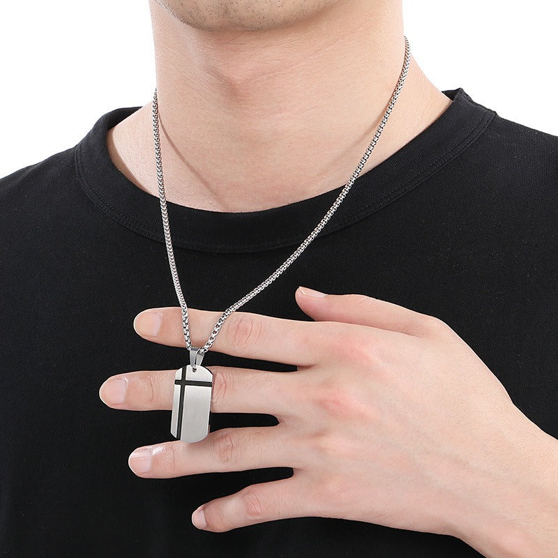 Kemstone Bar Pendant Necklace Stainless Steel Minimalist Cross Crack Texture Men KP130991-HR