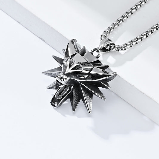 Kemstone Men’s Titanium Steel Wolf Head Pendant Necklace – Witcher Inspired K-PT552