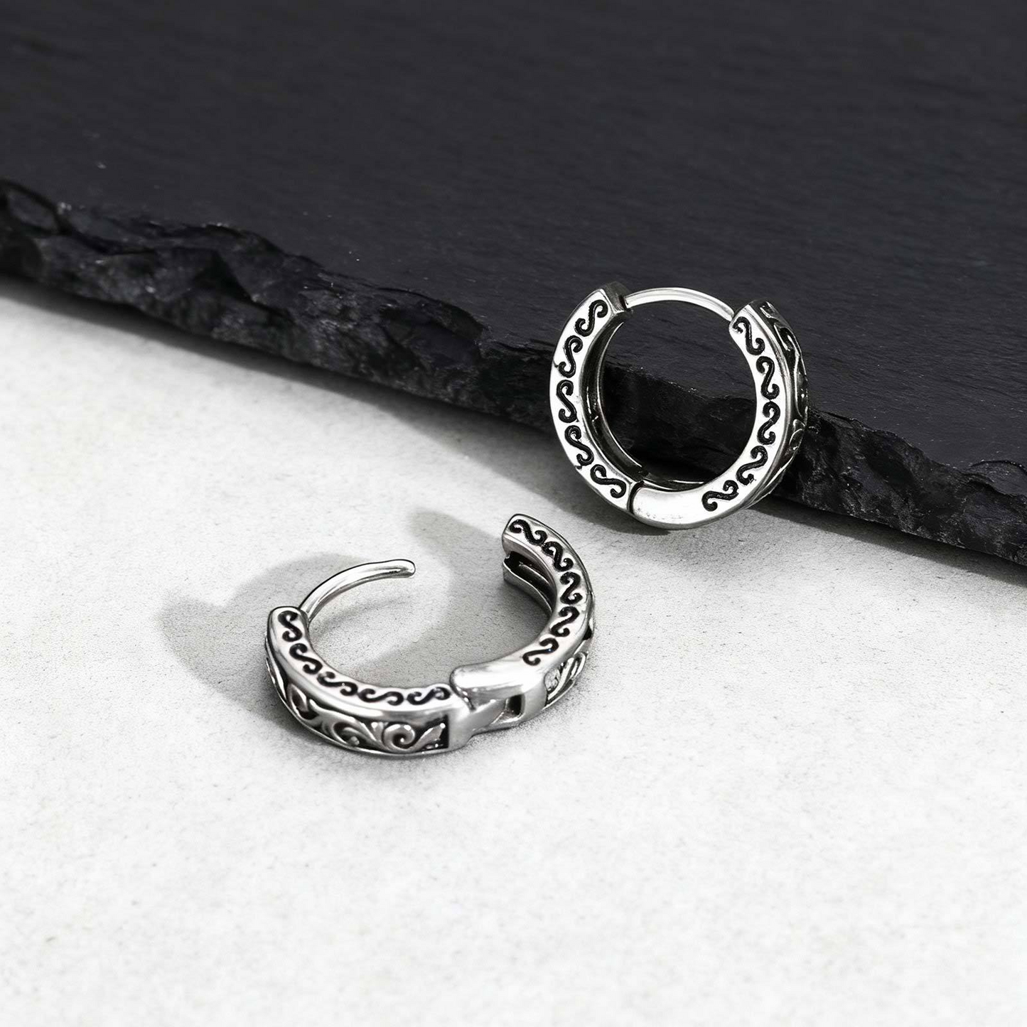 Kemstone Stainless Steel Hoop Earrings for Men – Vintage Floral Pattern EH-839