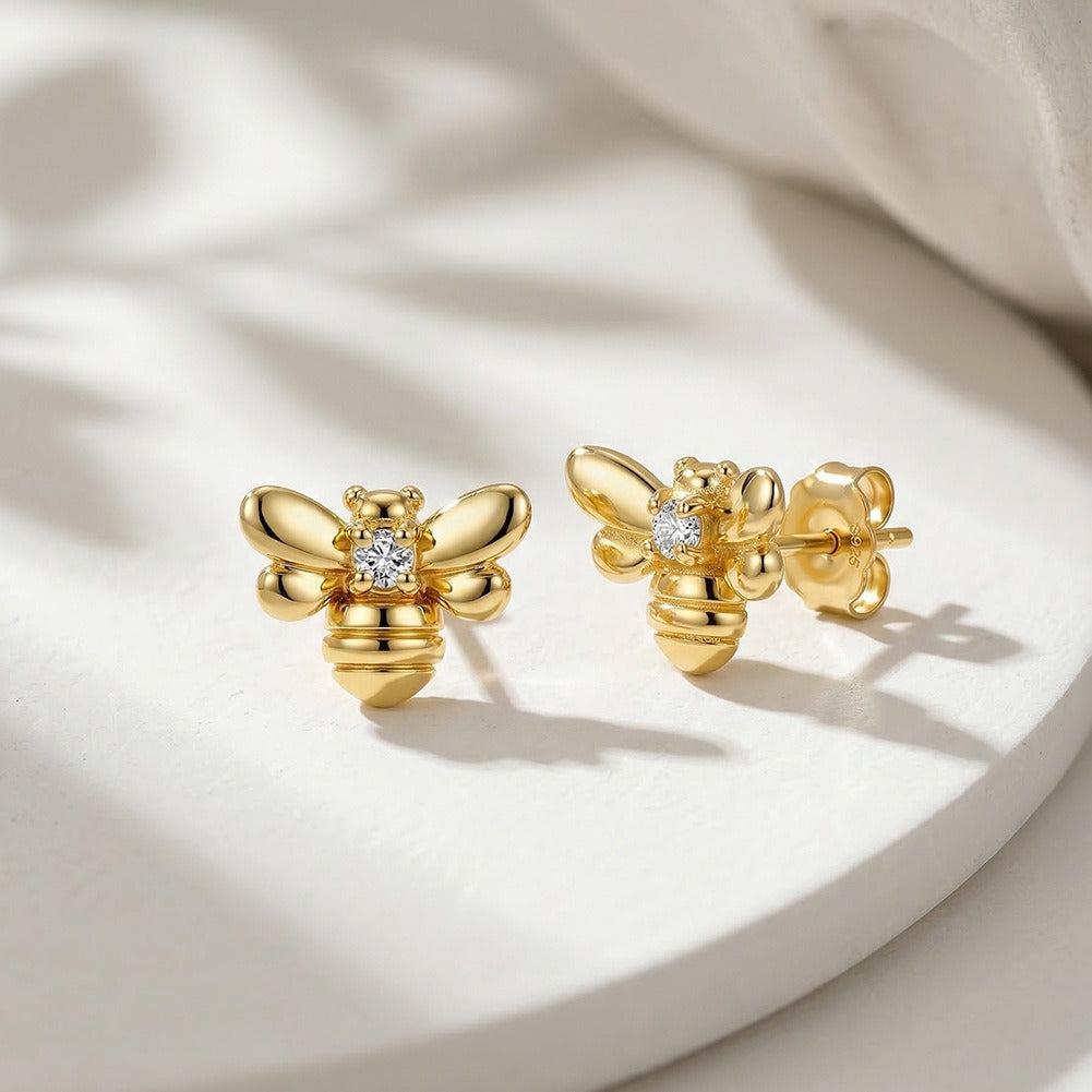 Kemstone Bee Stud Earrings for Women 925 Sterling Silver Cubic Zirconia Gold Silver APE155