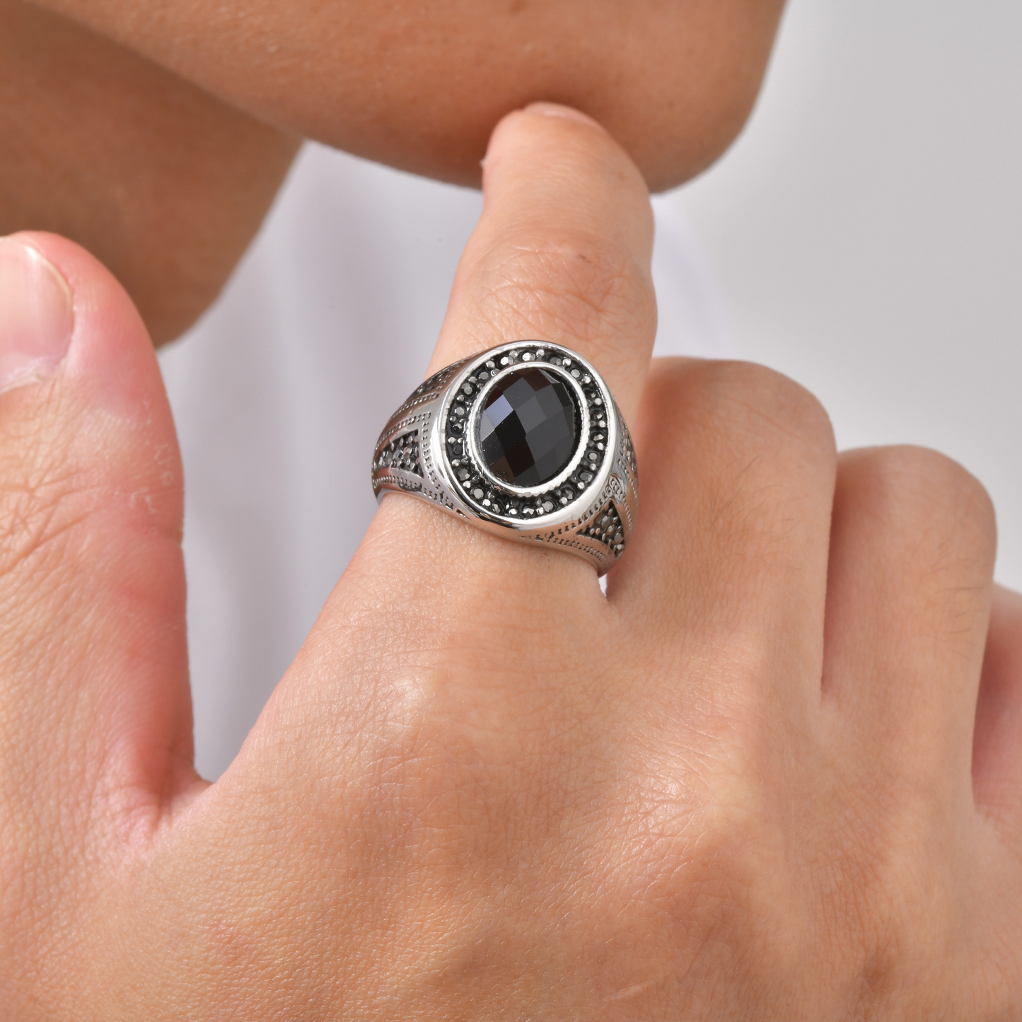 Kemstone Stainless Steel Black Oval Signet Ring Vintage Glass Detail for Men RC-842