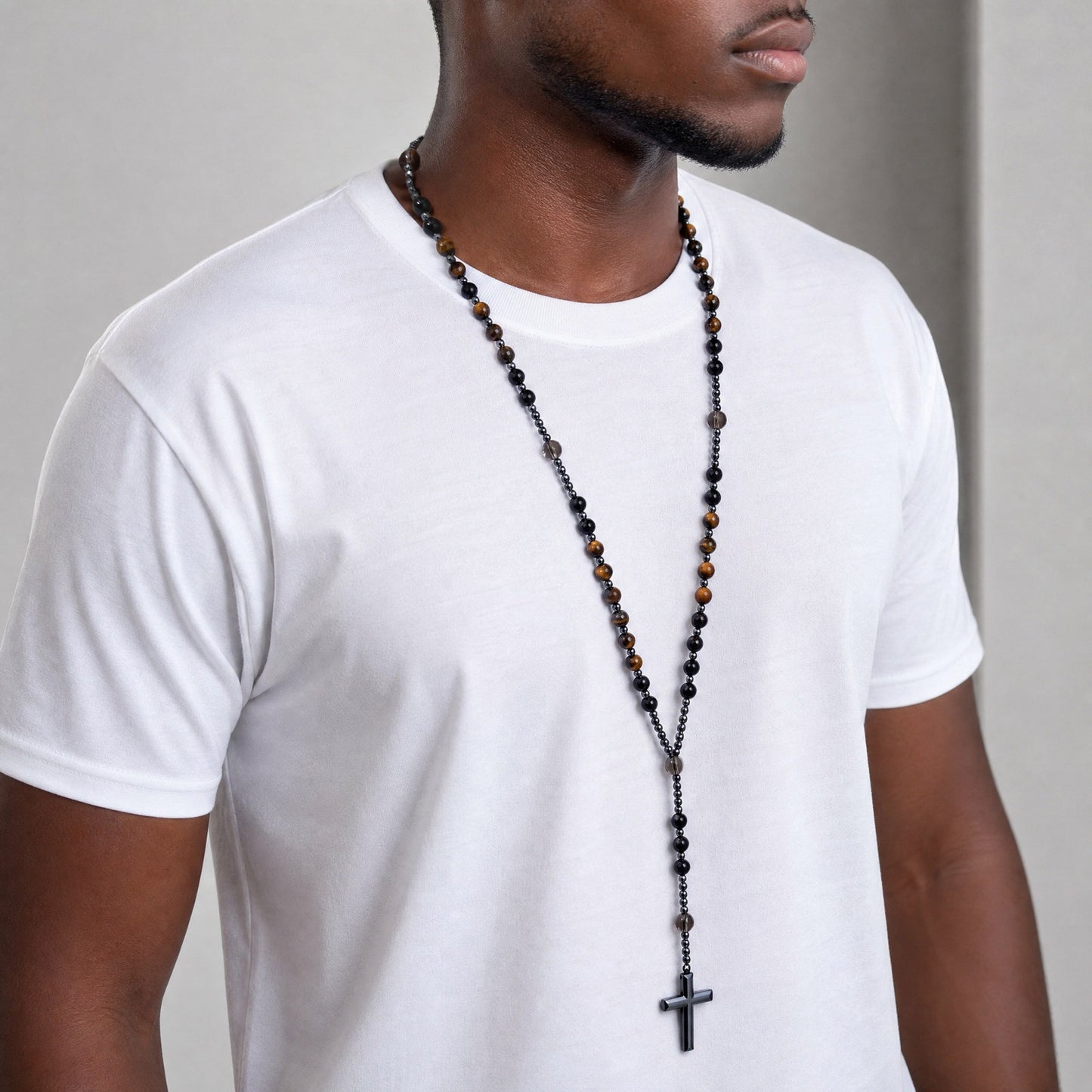 Kemstone Tiger Eye Beaded Cross Necklace for Men Lava Stone Stainless Steel Pendant NC-3017