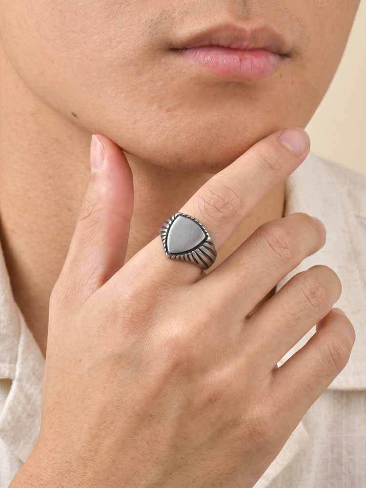 Kemstone Triangle Signet Ring Stainless Steel Brushed Silver for Men RC-843