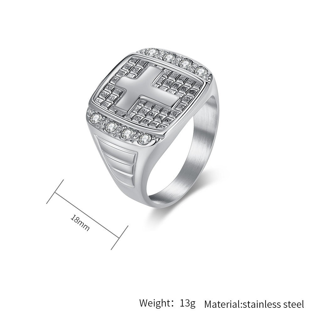 Kemstone Men’s Stainless Steel Cross Ring – CZ Inlaid Signet Jewelry K-R1078