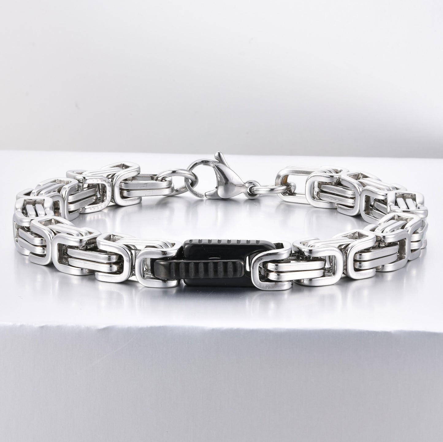 Kemstone Stainless Steel Byzantine Chain Bracelet – Geometric Link Design for Men BR-2701