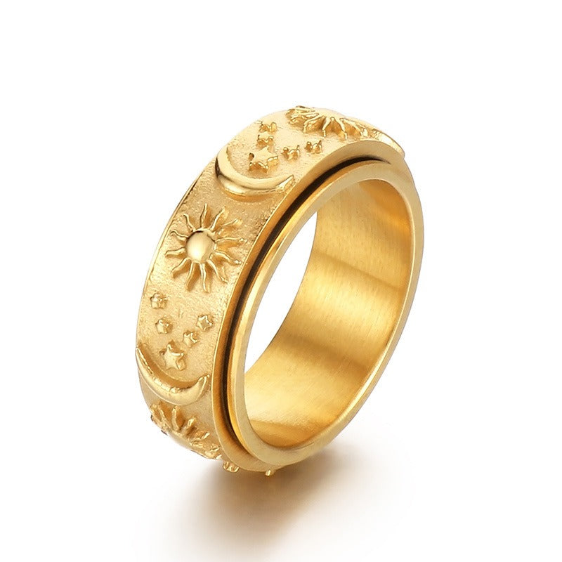 Kemstone Celestial Spinner Ring – Titanium Steel Sun Moon Star Fidget Band for Men, Gothic Streetwear Style KR105136