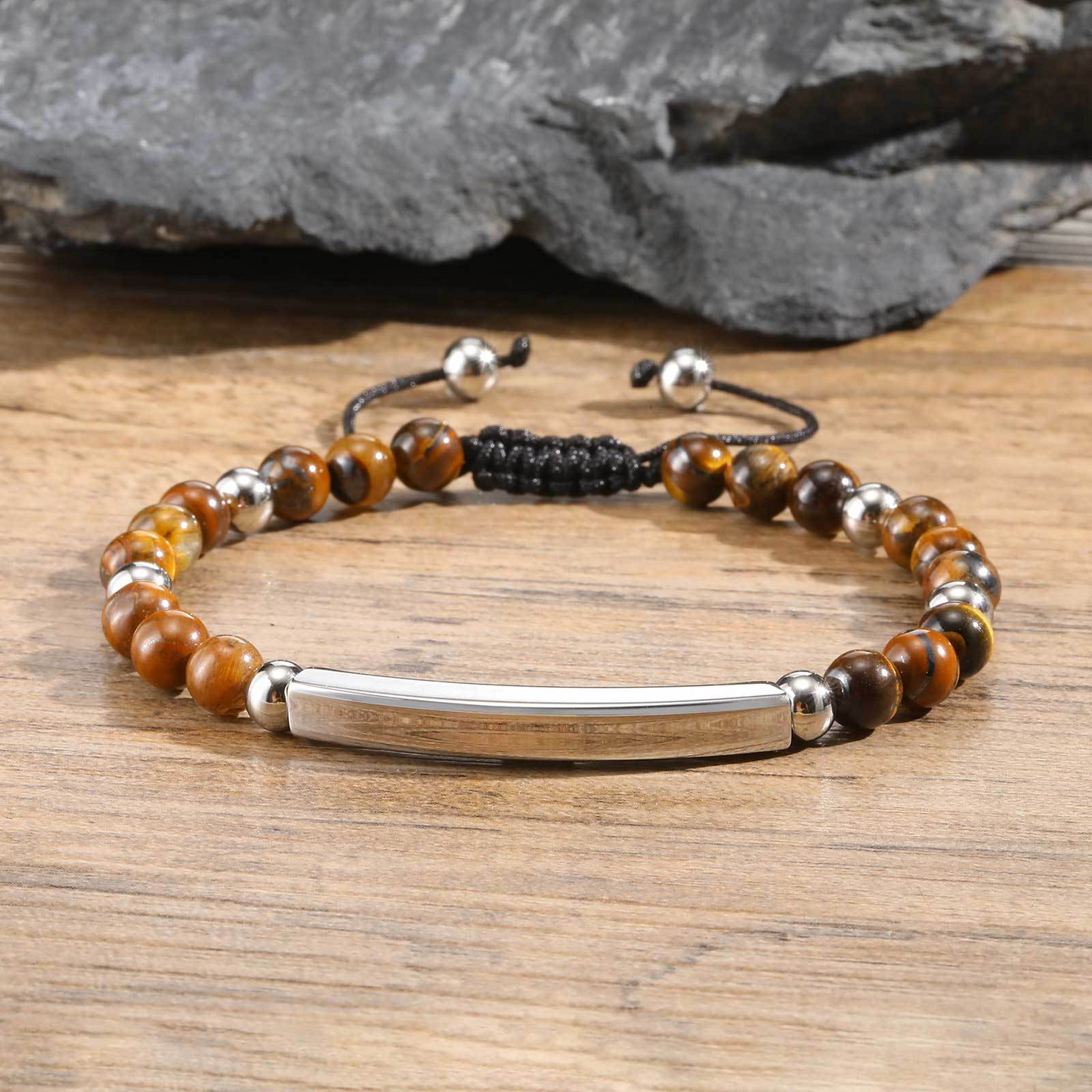 Kemstone Stainless Steel Bar Beaded Bracelet for Men – Tiger Eye & Black Onyx BR-2353