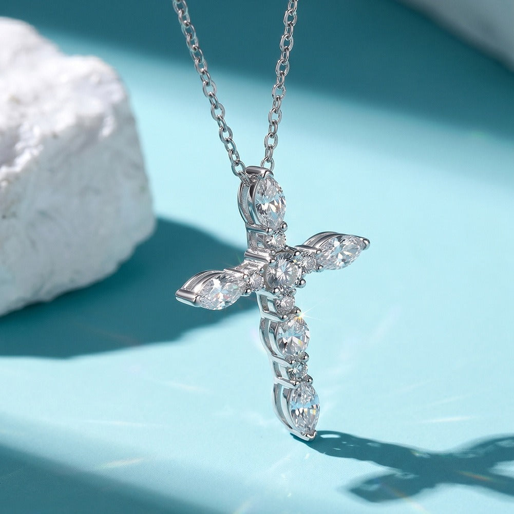 Kemston Moissanite Cross Pendant Necklace for Women 925 Sterling Silver Minimal Design SMON16