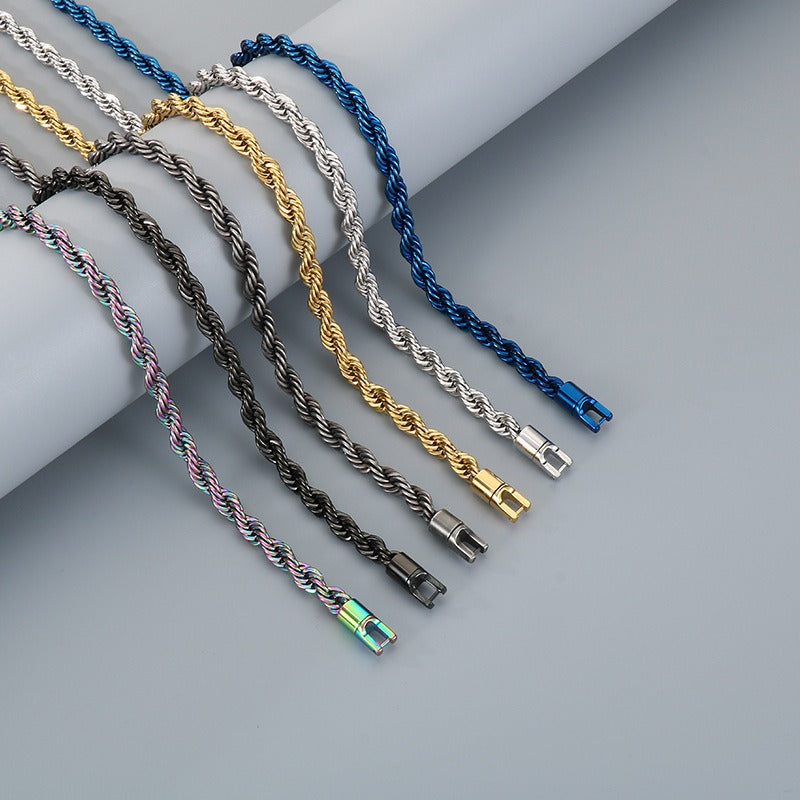 Kemstone Titanium Steel Rope Chain Bracelet & Necklace for Men – Hip Hop Twisted Link, 6 Colors KN299096-KFC