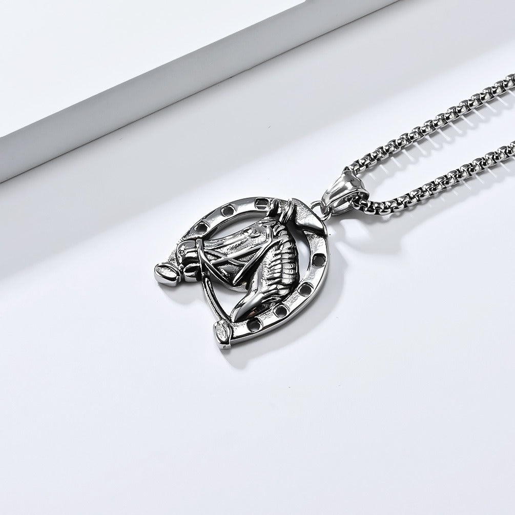 Kemstone Men’s Stainless Steel Horse Head Horseshoe Necklace – Gold/Silver K-PT606