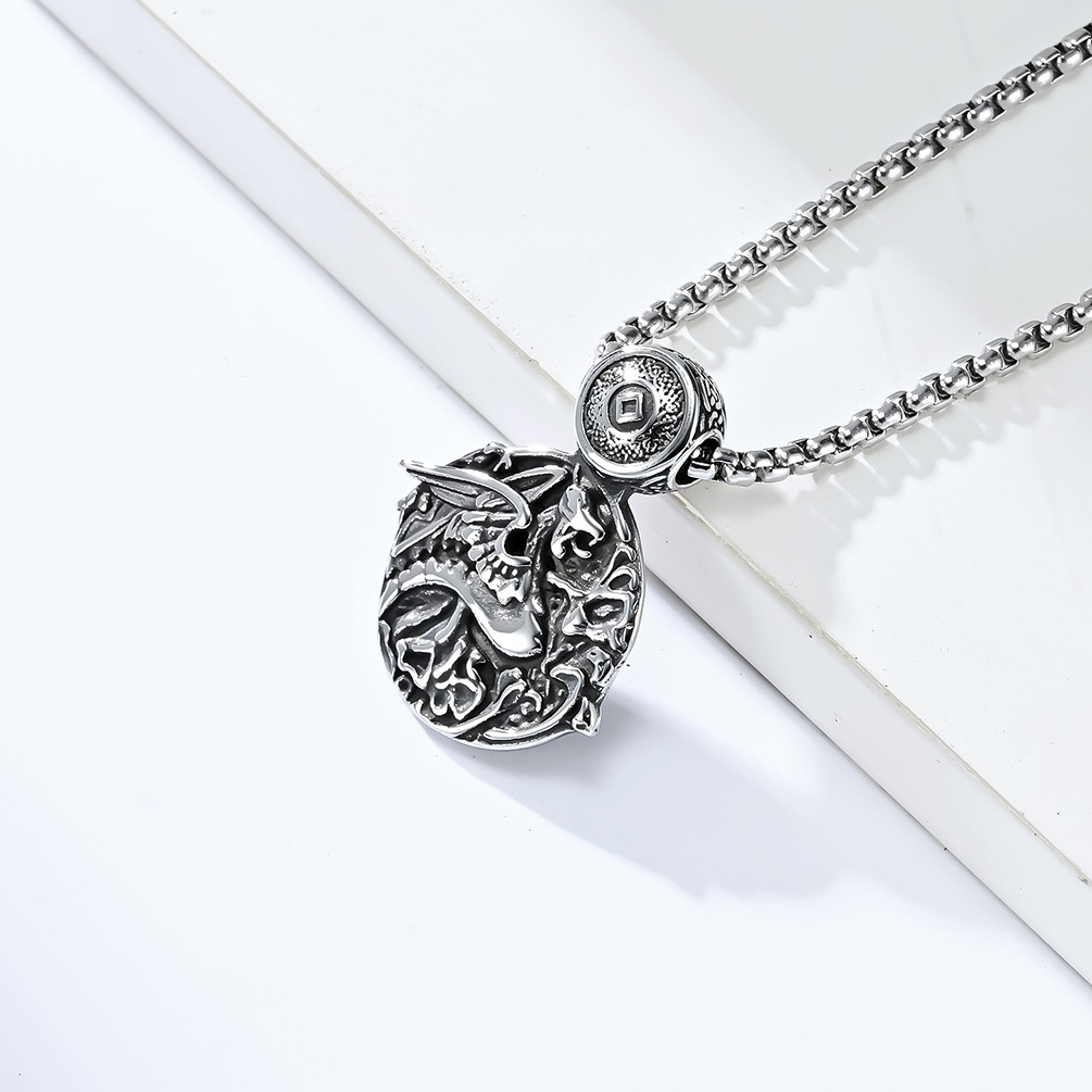 Kemstone Stainless Steel Dragon Pendant Necklace for Men Round Celtic Pattern Silver Black K-PT482