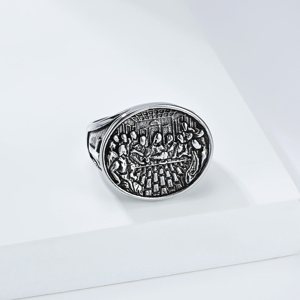 Kemstone Stainless Steel Last Supper Ring for Men – Vintage Cross Symbol Band K-R1085