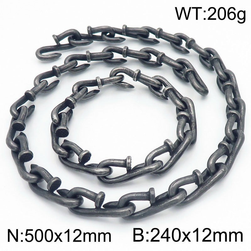Pulsera de acero y titanio con cierre de gancho rústico Kemstone - Diseño de cadena con clavos desgastados para hombre, estilo minimalista KB146421