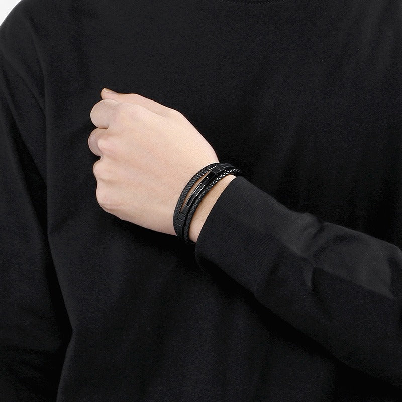 Kemstone Layered Braided Black Leather Bracelet for Men Titanium Steel Accent KB180741-JR