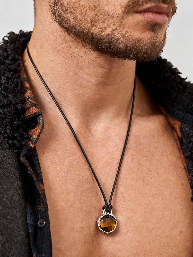 Kemstone Tiger Eye Stone Pendant Necklace Stainless Steel Vintage Rope for Men NC-2660