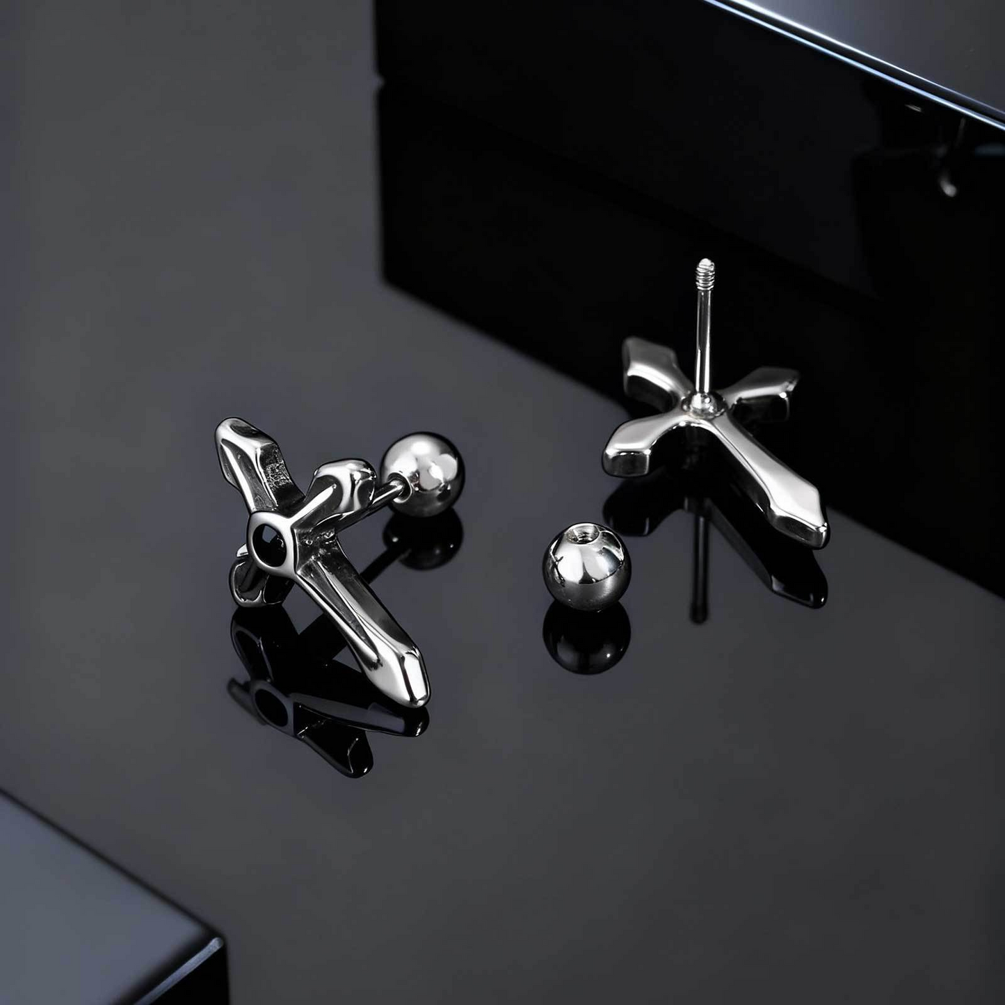 Kemstone Stainless Steel Cross Stud Earring for Men – Black Cubic Zirconia ES-745