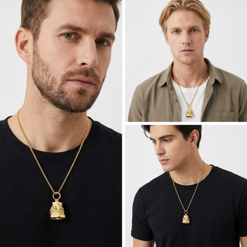 Kemstone Titanium Steel Skull Bell Pendant Necklace for Men Hexagon Gothic Silver Gold KP115582-KJX