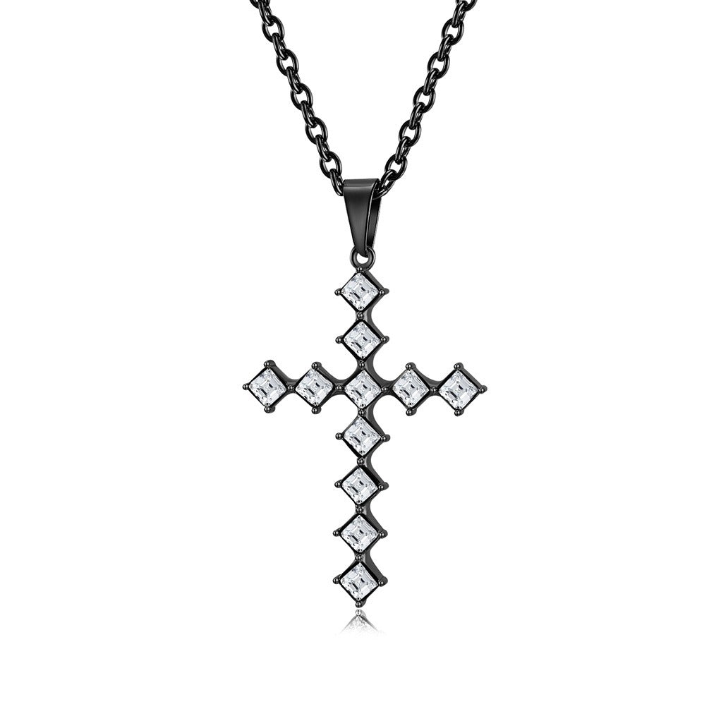 Kemstone Square Cubic Zirconia Cross Pendant Necklace for Men Stainless Steel K-PT502
