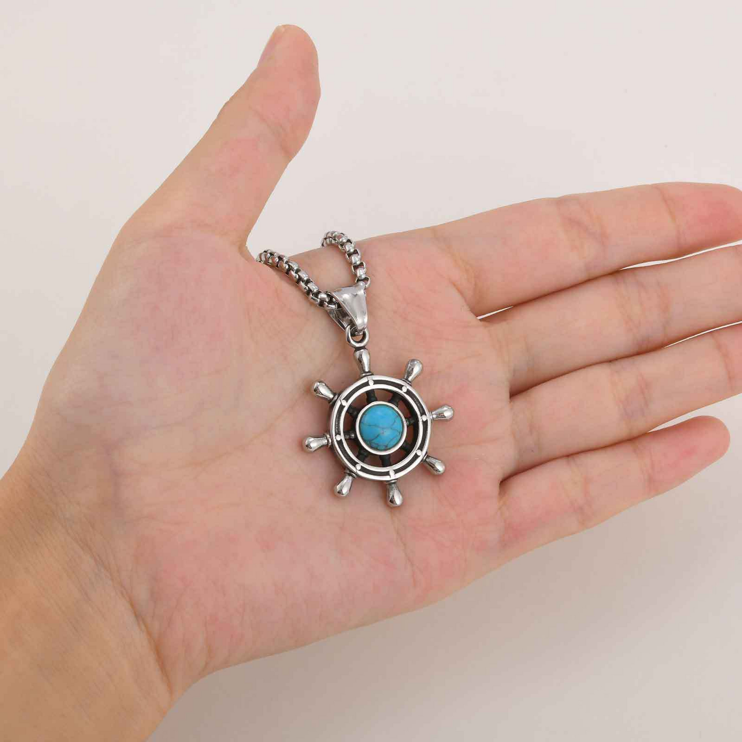 Kemstone Men’s Turquoise Pendant Necklace – Stainless Steel Ship Wheel Pendant PN-2234