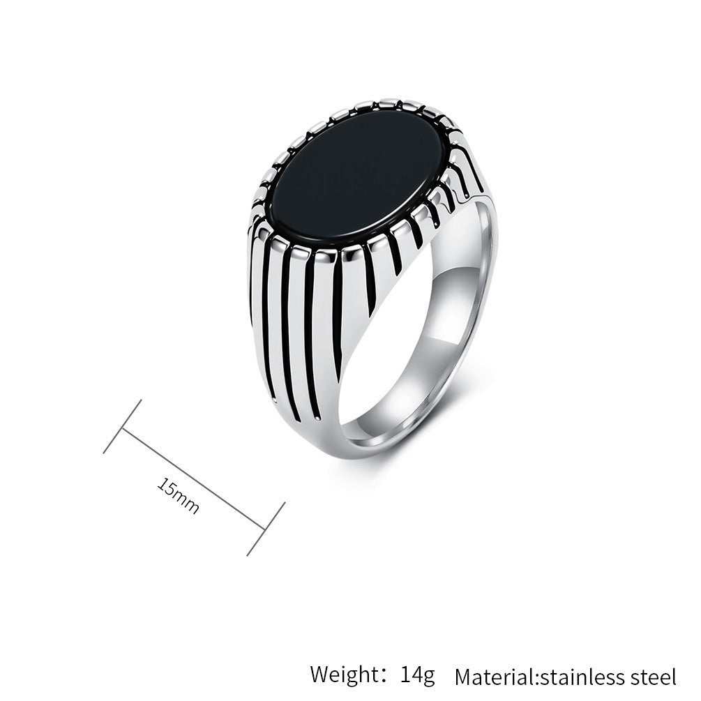Kemstone Stainless Steel Black Stone Signet Ring for Men Vintage Oval K-R1177