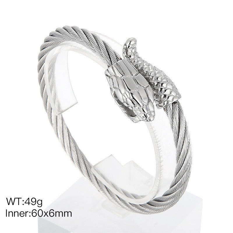 Snake Head Stainless Steel Bracelet – Gothic Punk Open Cuff for Men, Dual-Layer or Single-Layer, Retro Viking Style KB156931