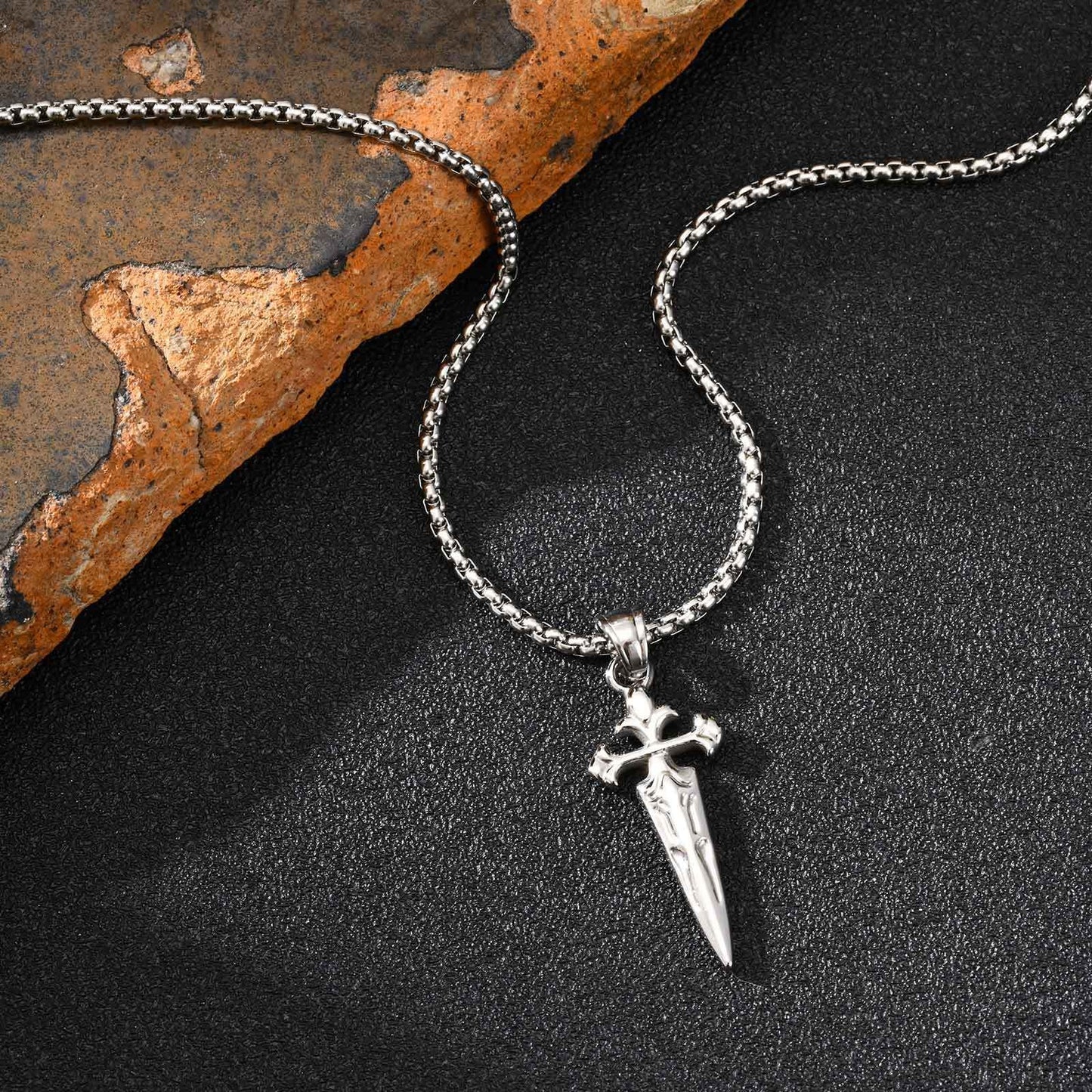 Kemstone Stainless Steel Sword Cross Pendant Necklace – Gold Silver for Men PN-2241