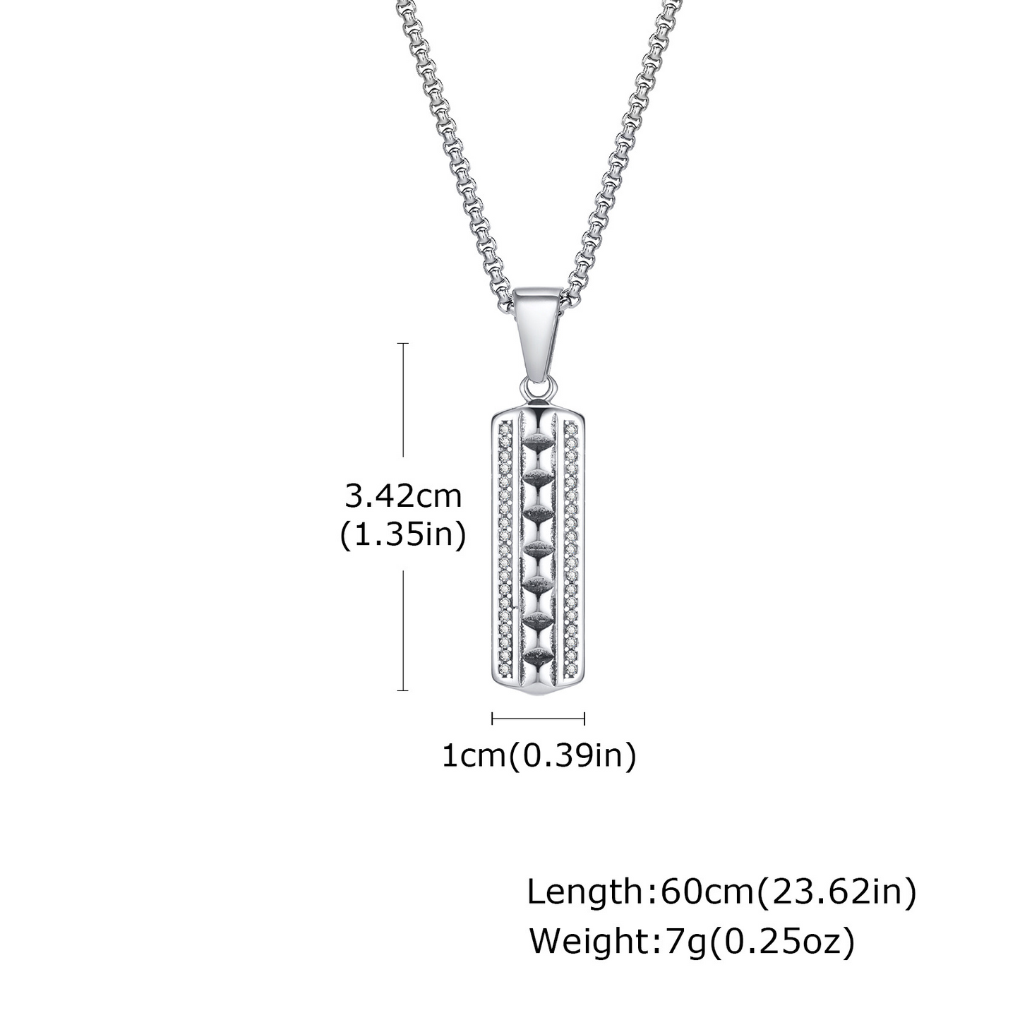 Kemstone Stainless Steel Rectangular Pendant Necklace for Men – Embossed Cubic Zirconia Silver PN-2070