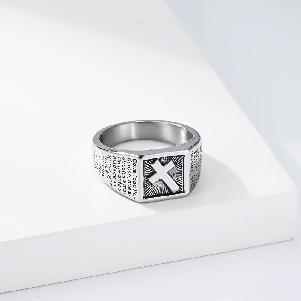 Kemstone Stainless Steel Cross Signet Ring for Men Engraved Text Vintage Rectangular Silver Gold Black K-R1141