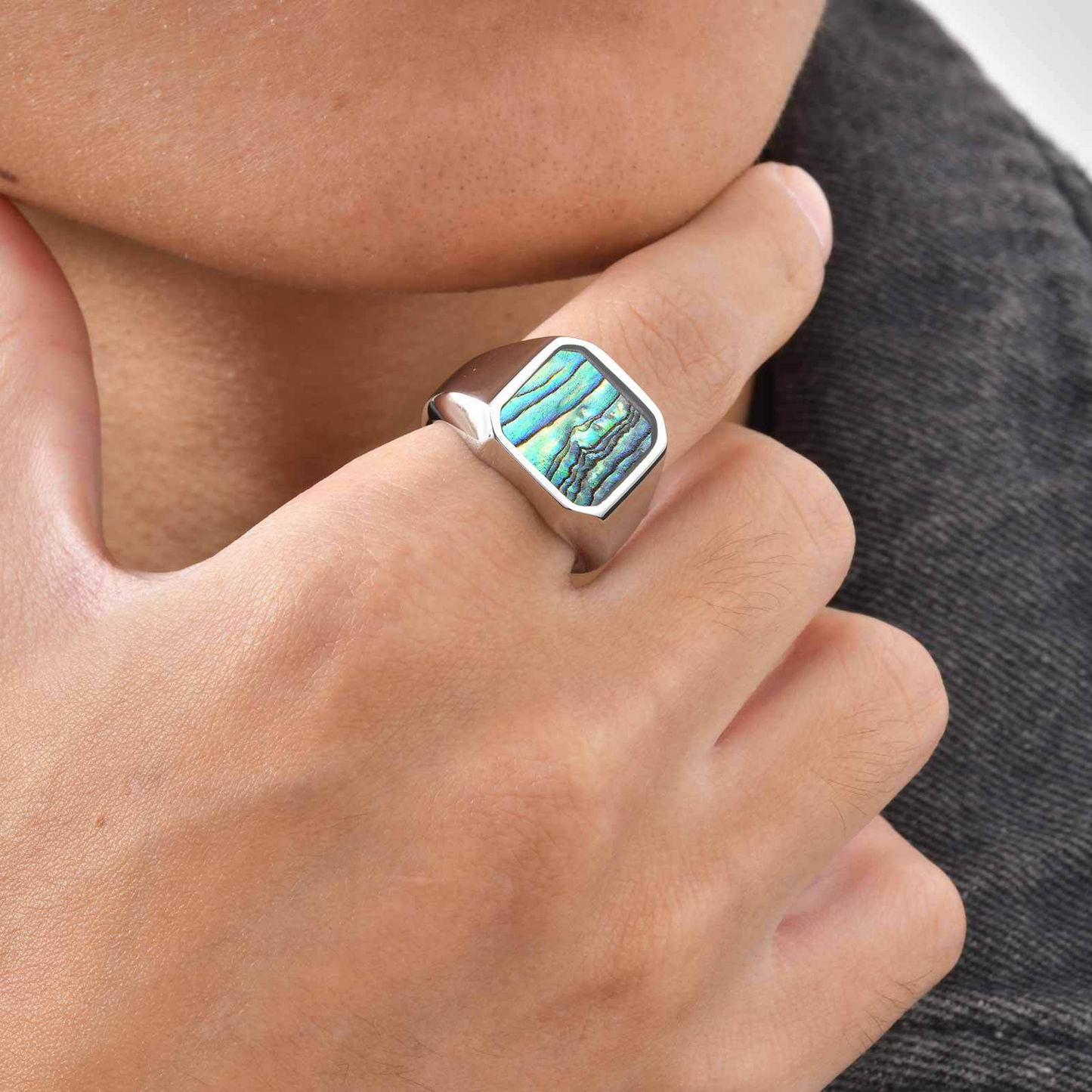 Kemstone Stainless Steel Abalone Shell Signet Ring – Natural Inlay Style for Men & Women RC-207