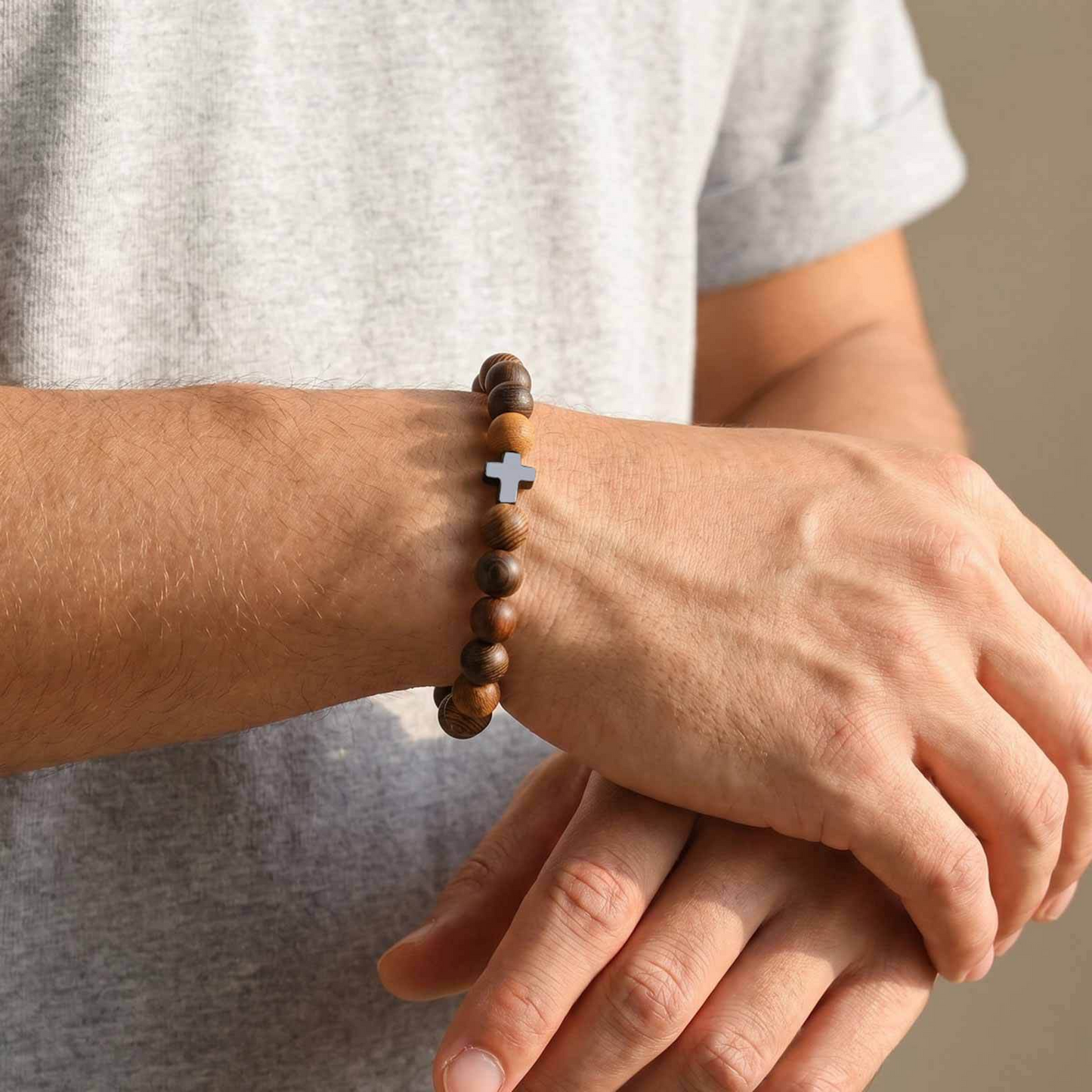 Kemston Wenge Wood Bead Cross Bracelet for Men & Women Black Stone Accent BR-3030