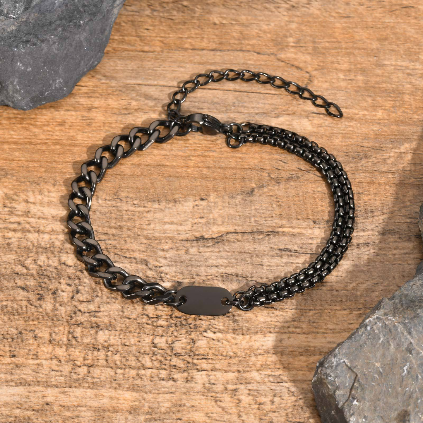 Kemstone Stainless Steel Double Chain Bracelet with Oval Plate for Men – Minimal Layered Link BR-1969