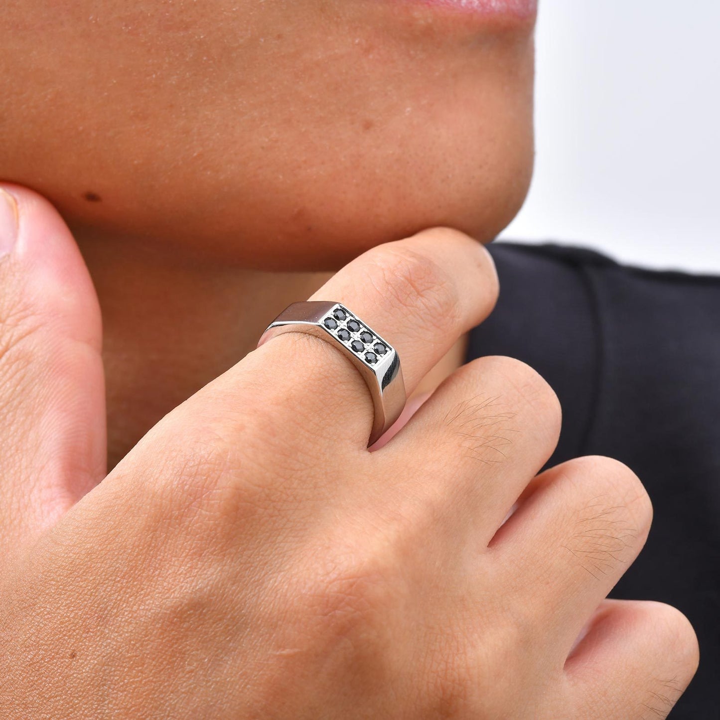 Kemston Stainless Steel Black Zirconia Ring for Men Geometric Square Design Minimal Style R-728S