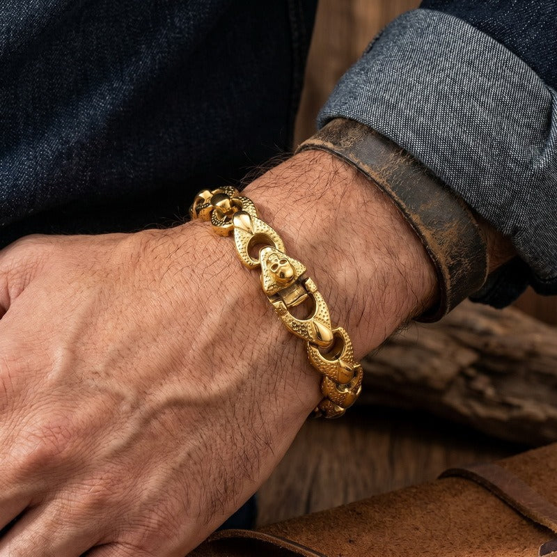 Kemston Skull Clasp Dragon Bone Chain Bracelet for Men Titanium Steel Blackened Punk Biker Heavy Link KB209637-KJX