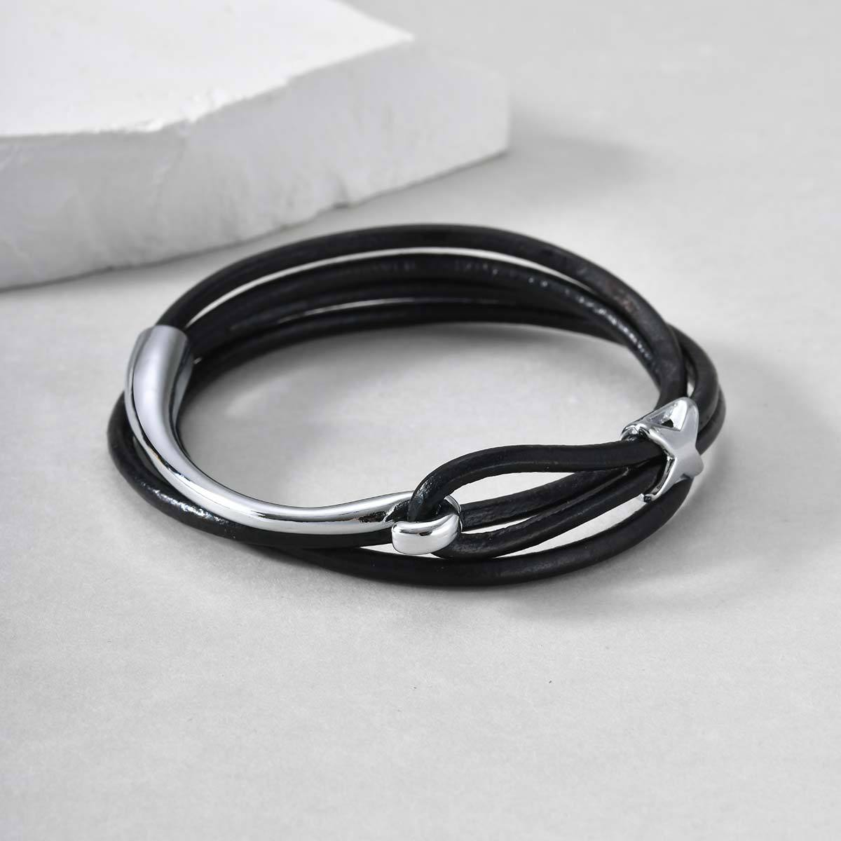 Kemstone Multi-Layer Black Leather Cord Alloy Bracelet for Men & Women BL-824