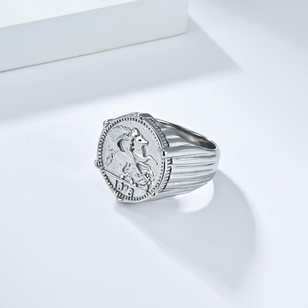 Kemstone Figure Relief Signet Ring for Men Stainless Steel Vintage Engraved K-R996